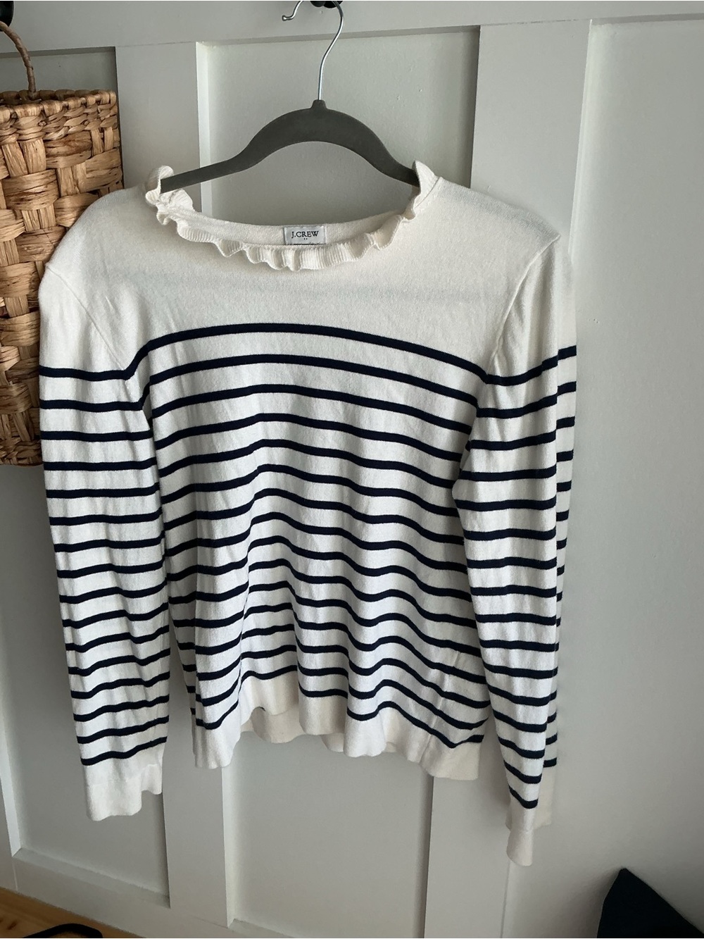 J. Crew Cream and Navy Striped Ruffle Crewneck Sweater